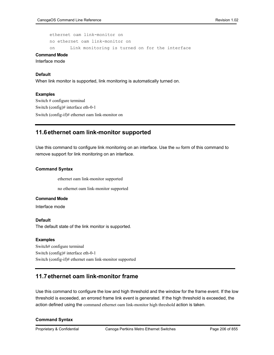 6 ethernet oam link-monitor supported, 7 ethernet oam link-monitor frame | CANOGA PERKINS CanogaOS Command Reference User Manual | Page 206 / 855