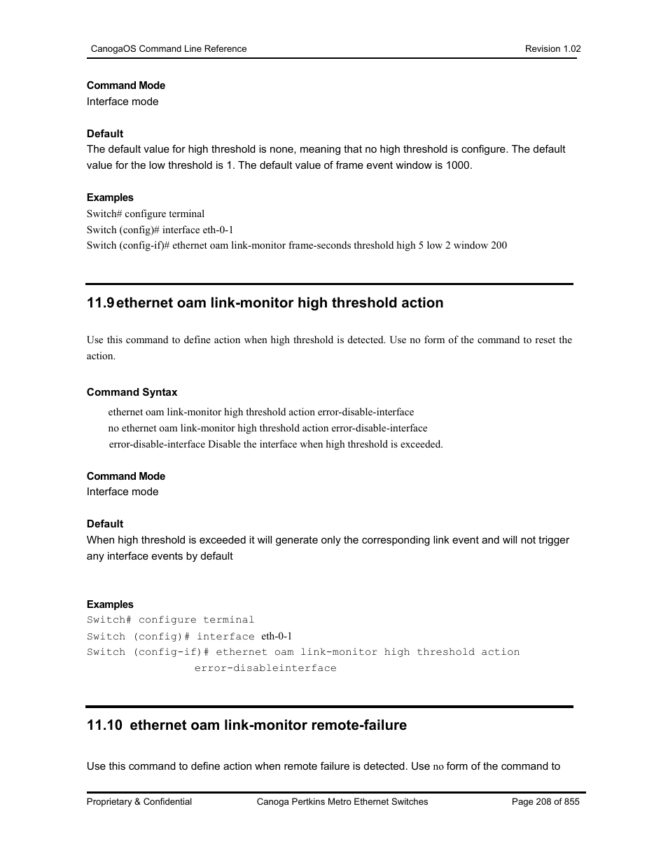 9 ethernet oam link-monitor high threshold action, 10 ethernet oam link-monitor remote-failure | CANOGA PERKINS CanogaOS Command Reference User Manual | Page 208 / 855