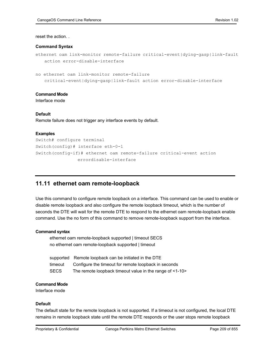 11 ethernet oam remote-loopback | CANOGA PERKINS CanogaOS Command Reference User Manual | Page 209 / 855