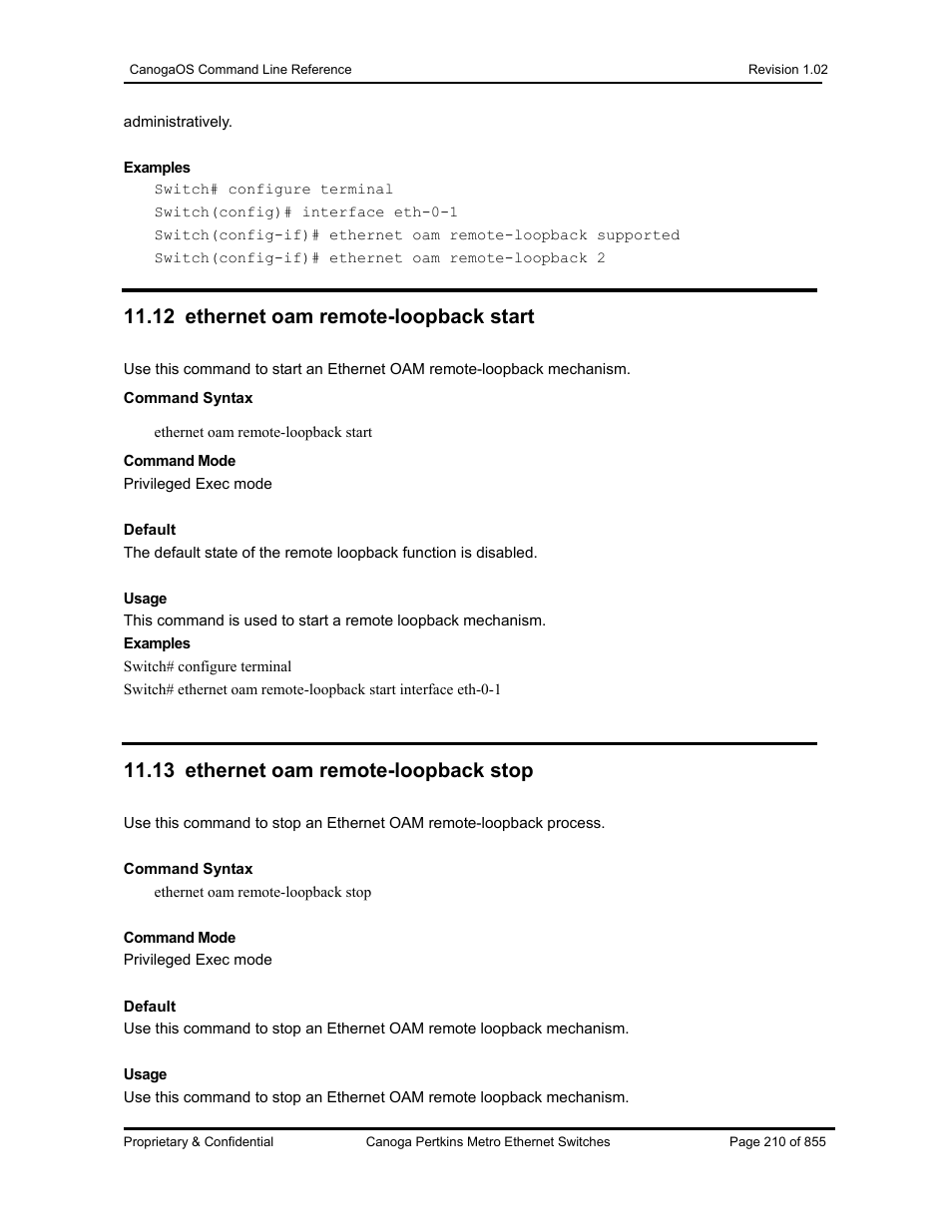 12 ethernet oam remote-loopback start, 13 ethernet oam remote-loopback stop | CANOGA PERKINS CanogaOS Command Reference User Manual | Page 210 / 855