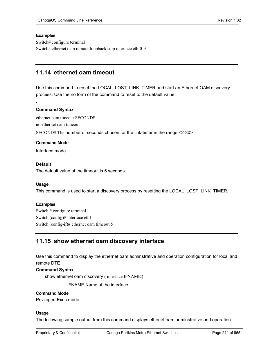 14 ethernet oam timeout, 15 show ethernet oam discovery interface | CANOGA PERKINS CanogaOS Command Reference User Manual | Page 211 / 855