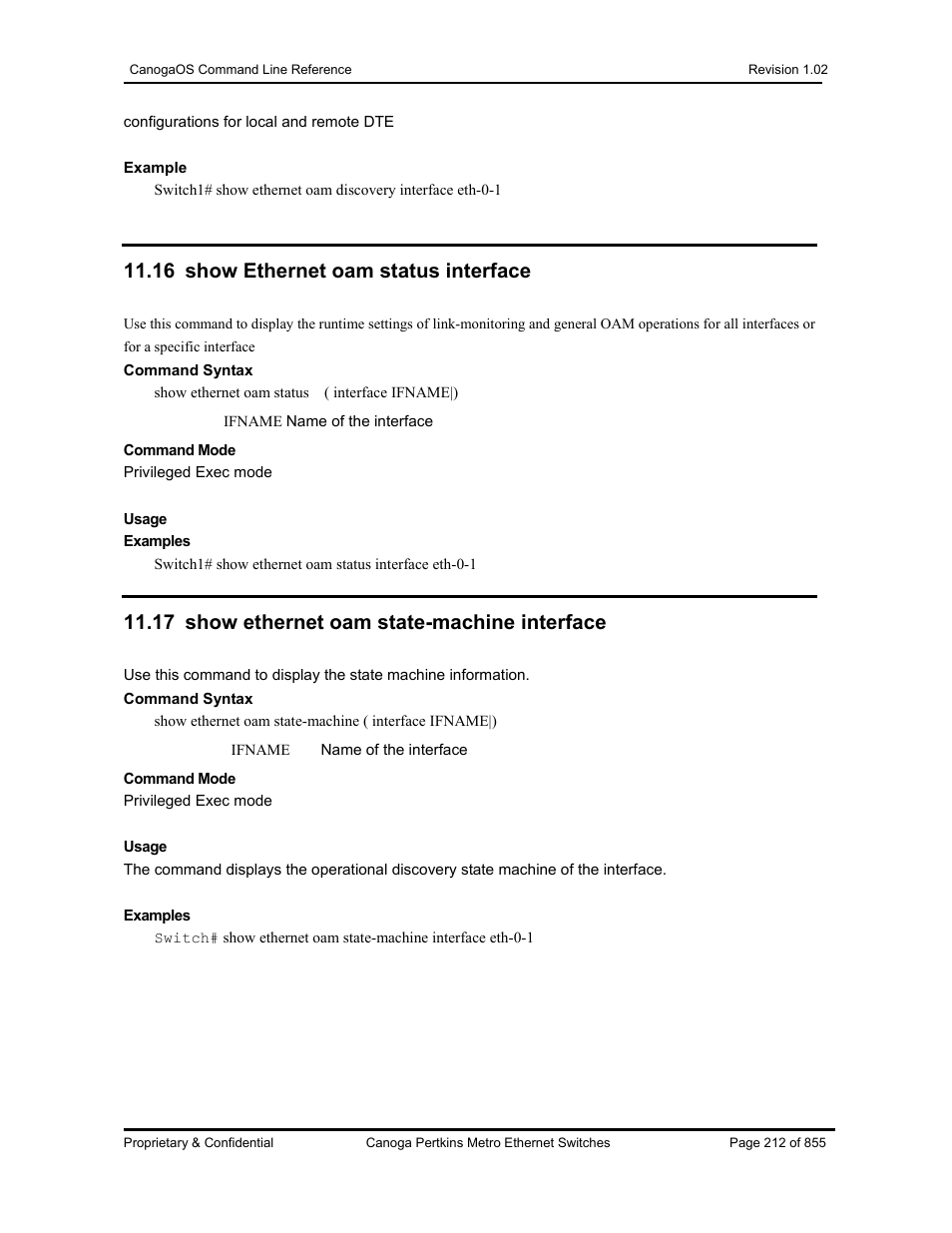 16 show ethernet oam status interface, 17 show ethernet oam state-machine interface | CANOGA PERKINS CanogaOS Command Reference User Manual | Page 212 / 855