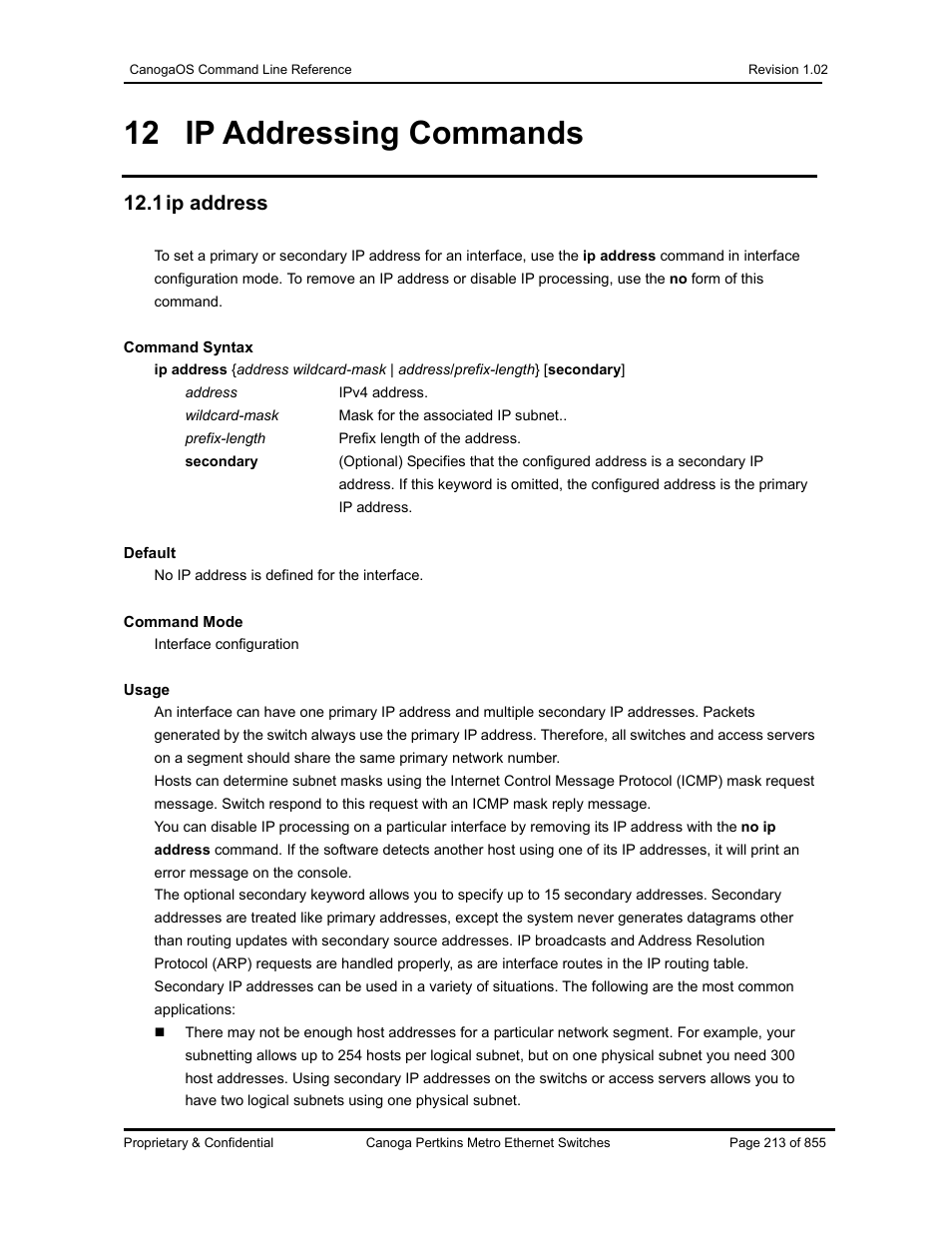 12 ip addressing commands, 1 ip address | CANOGA PERKINS CanogaOS Command Reference User Manual | Page 213 / 855