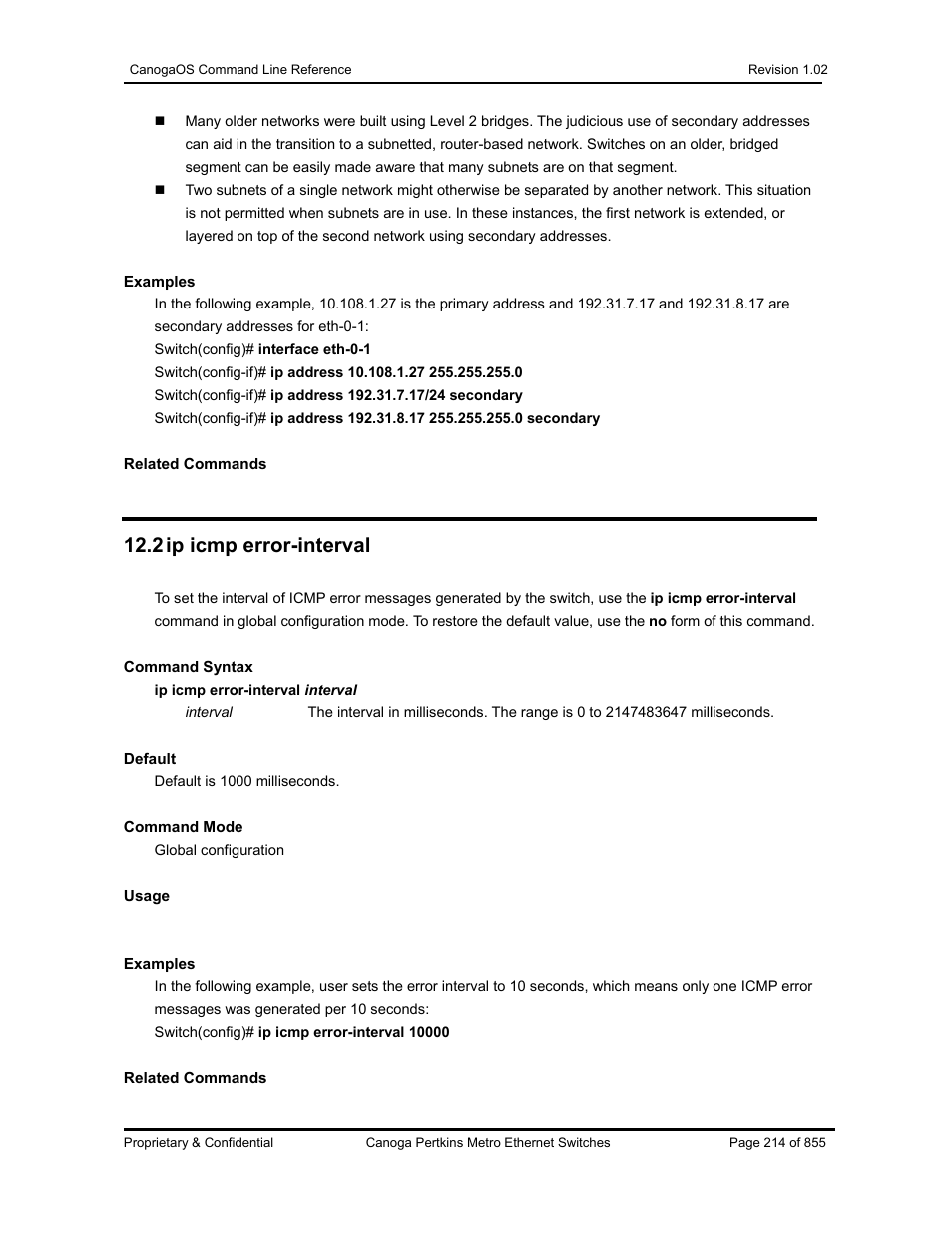 2 ip icmp error-interval | CANOGA PERKINS CanogaOS Command Reference User Manual | Page 214 / 855