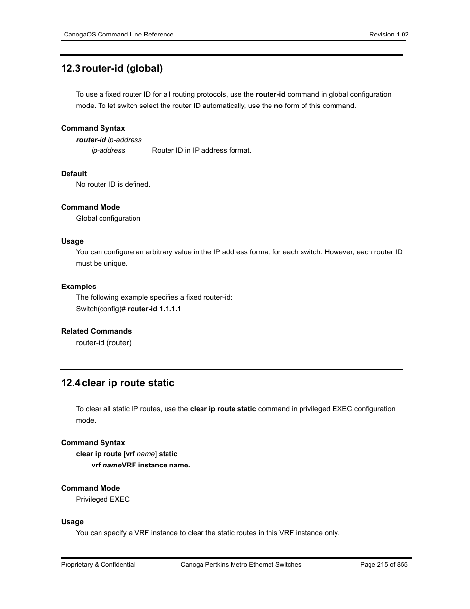 3 router-id (global), 4 clear ip route static | CANOGA PERKINS CanogaOS Command Reference User Manual | Page 215 / 855