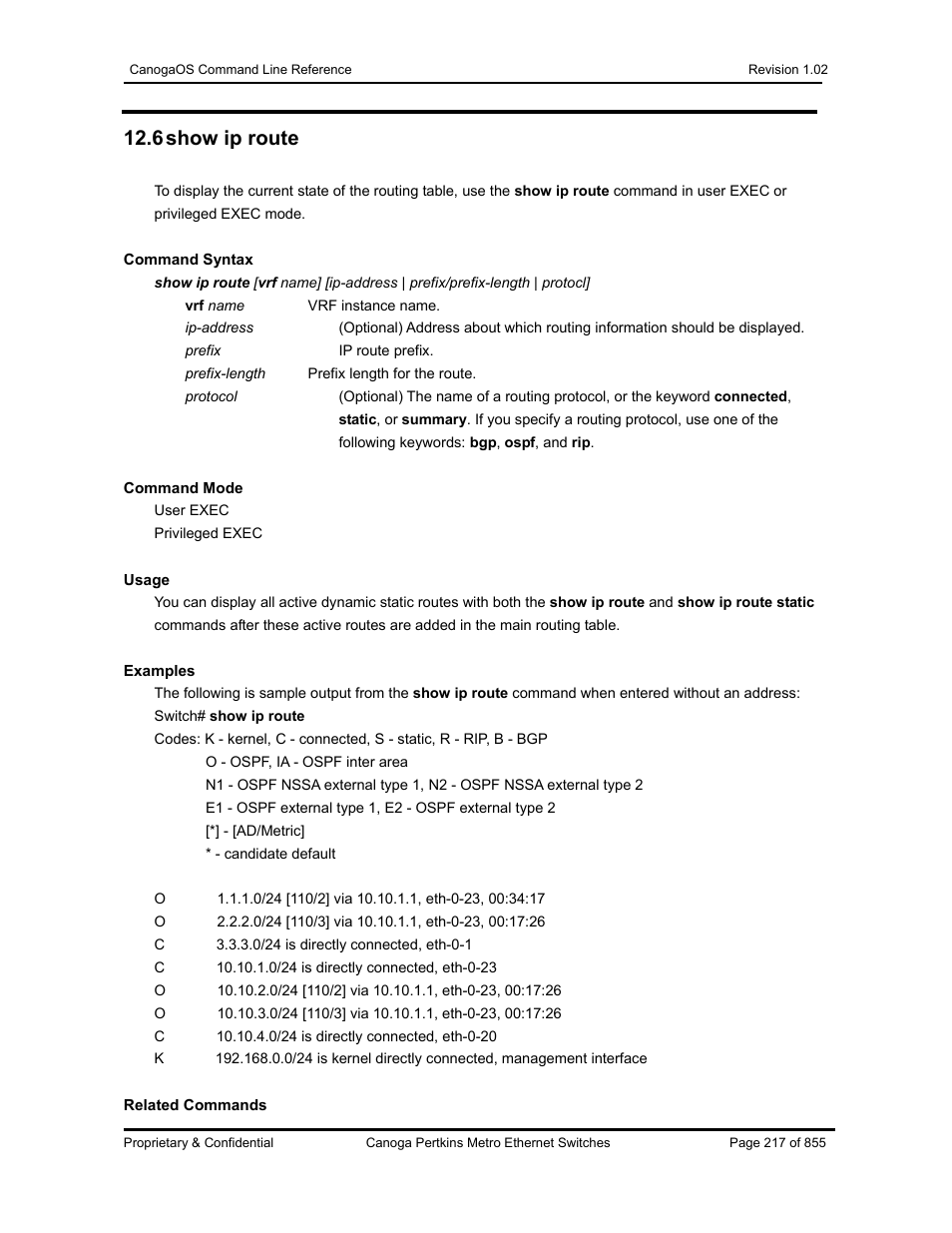 6 show ip route | CANOGA PERKINS CanogaOS Command Reference User Manual | Page 217 / 855