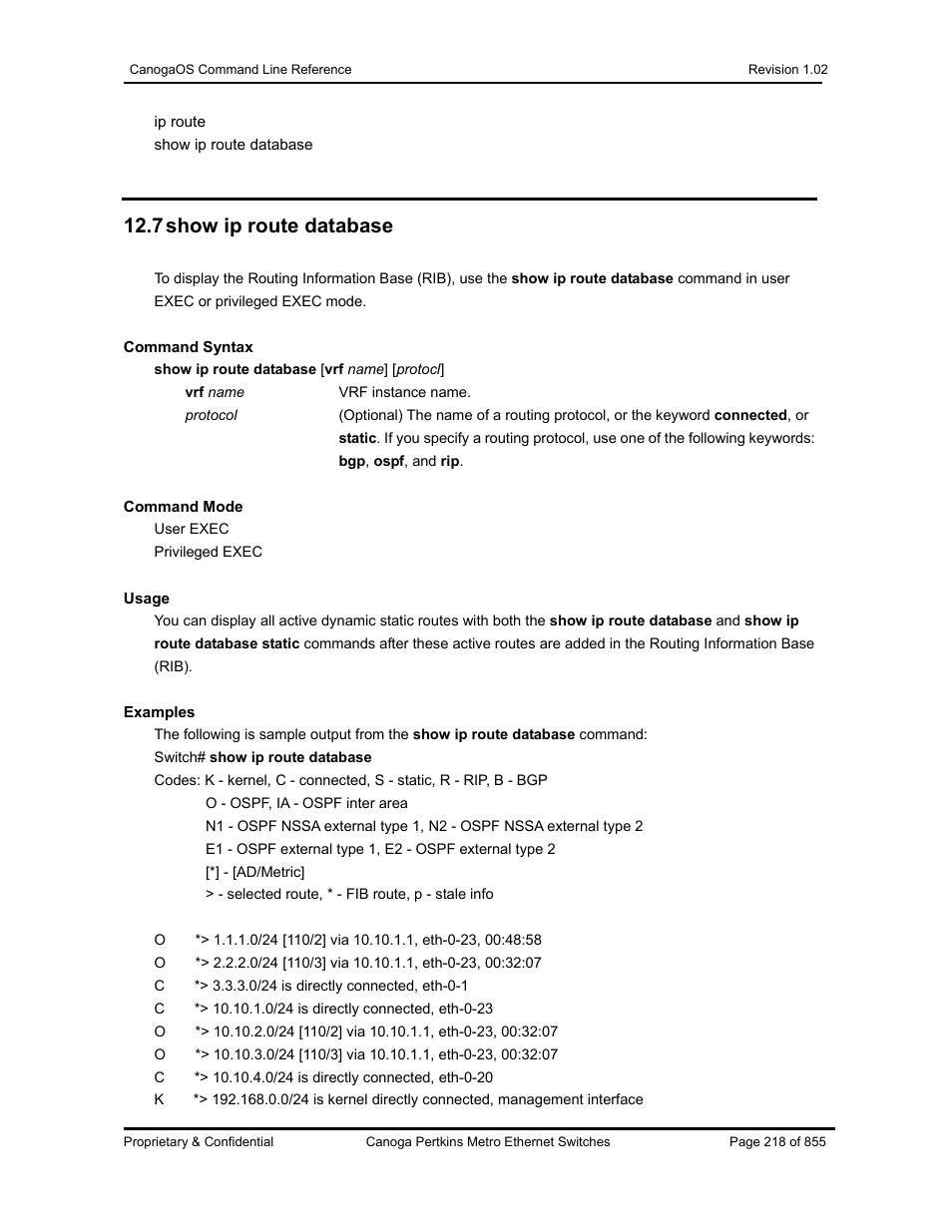 7 show ip route database | CANOGA PERKINS CanogaOS Command Reference User Manual | Page 218 / 855