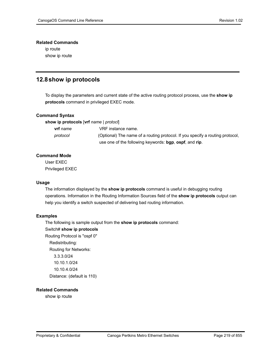 8 show ip protocols | CANOGA PERKINS CanogaOS Command Reference User Manual | Page 219 / 855