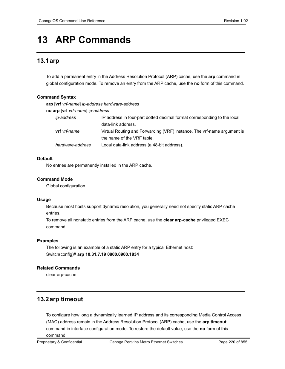 13 arp commands, 1 arp, 2 arp timeout | CANOGA PERKINS CanogaOS Command Reference User Manual | Page 220 / 855