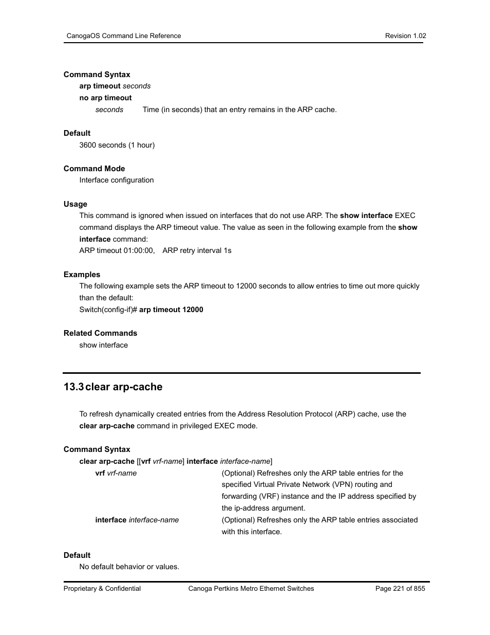 3 clear arp-cache | CANOGA PERKINS CanogaOS Command Reference User Manual | Page 221 / 855