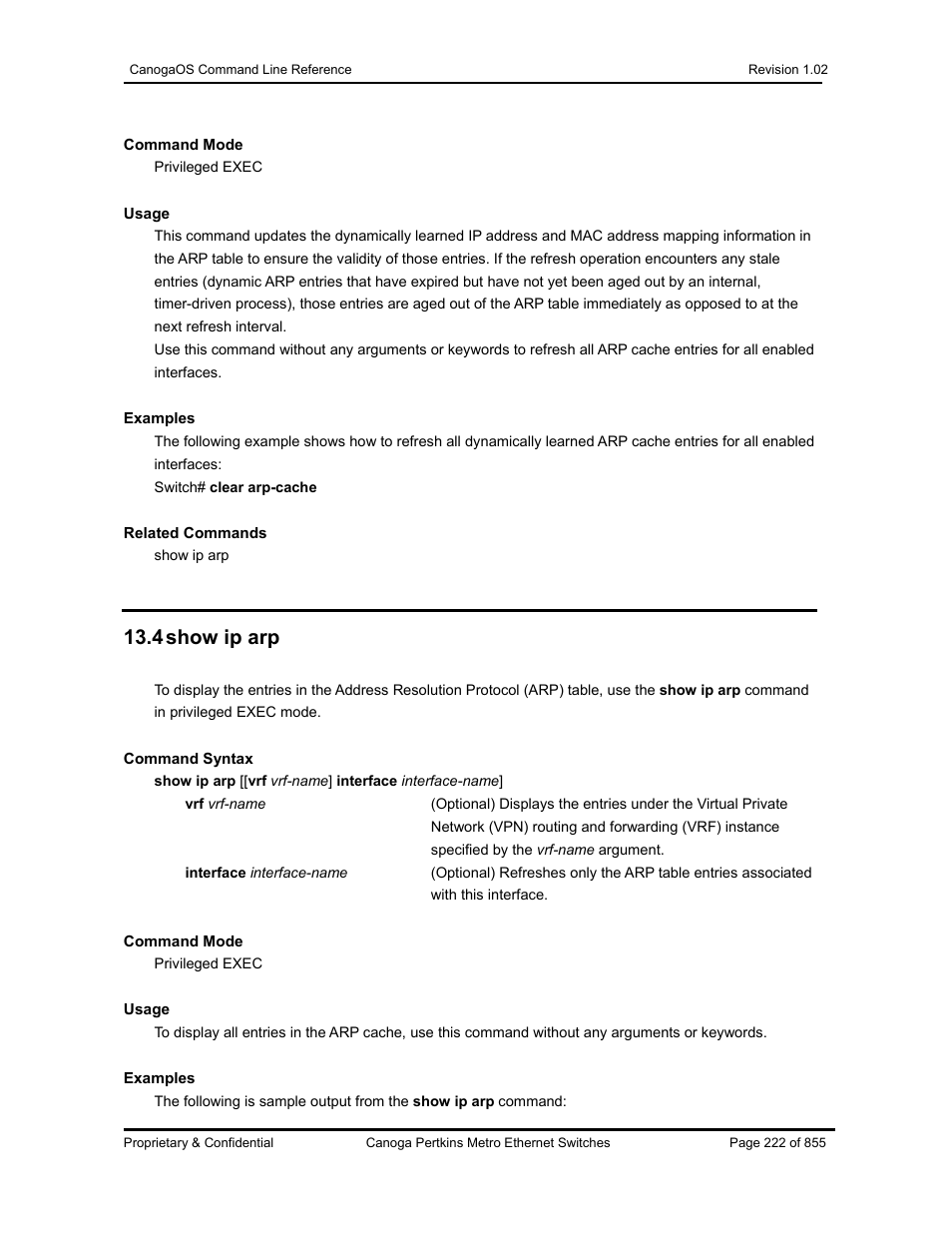 4 show ip arp | CANOGA PERKINS CanogaOS Command Reference User Manual | Page 222 / 855