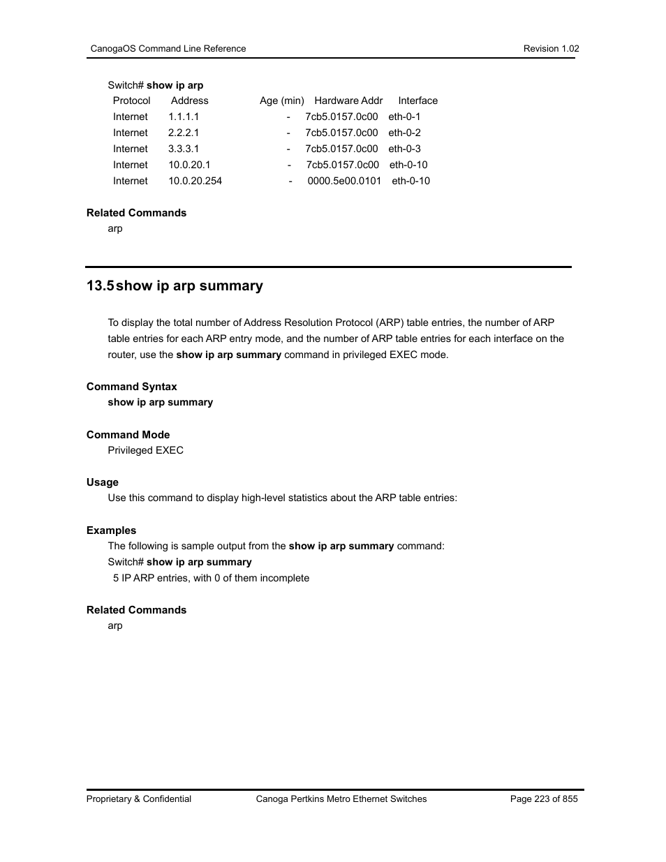 5 show ip arp summary | CANOGA PERKINS CanogaOS Command Reference User Manual | Page 223 / 855