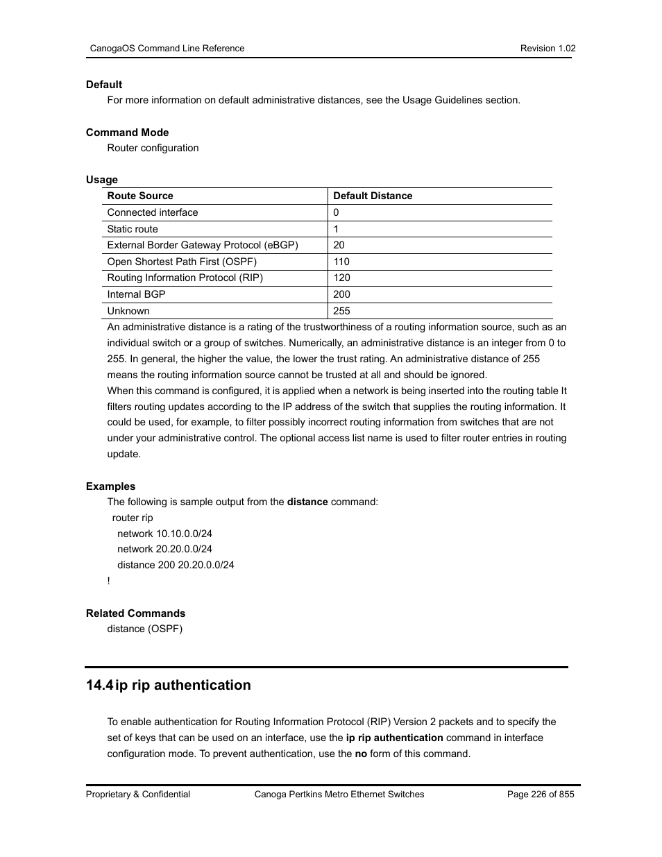 4 ip rip authentication | CANOGA PERKINS CanogaOS Command Reference User Manual | Page 226 / 855