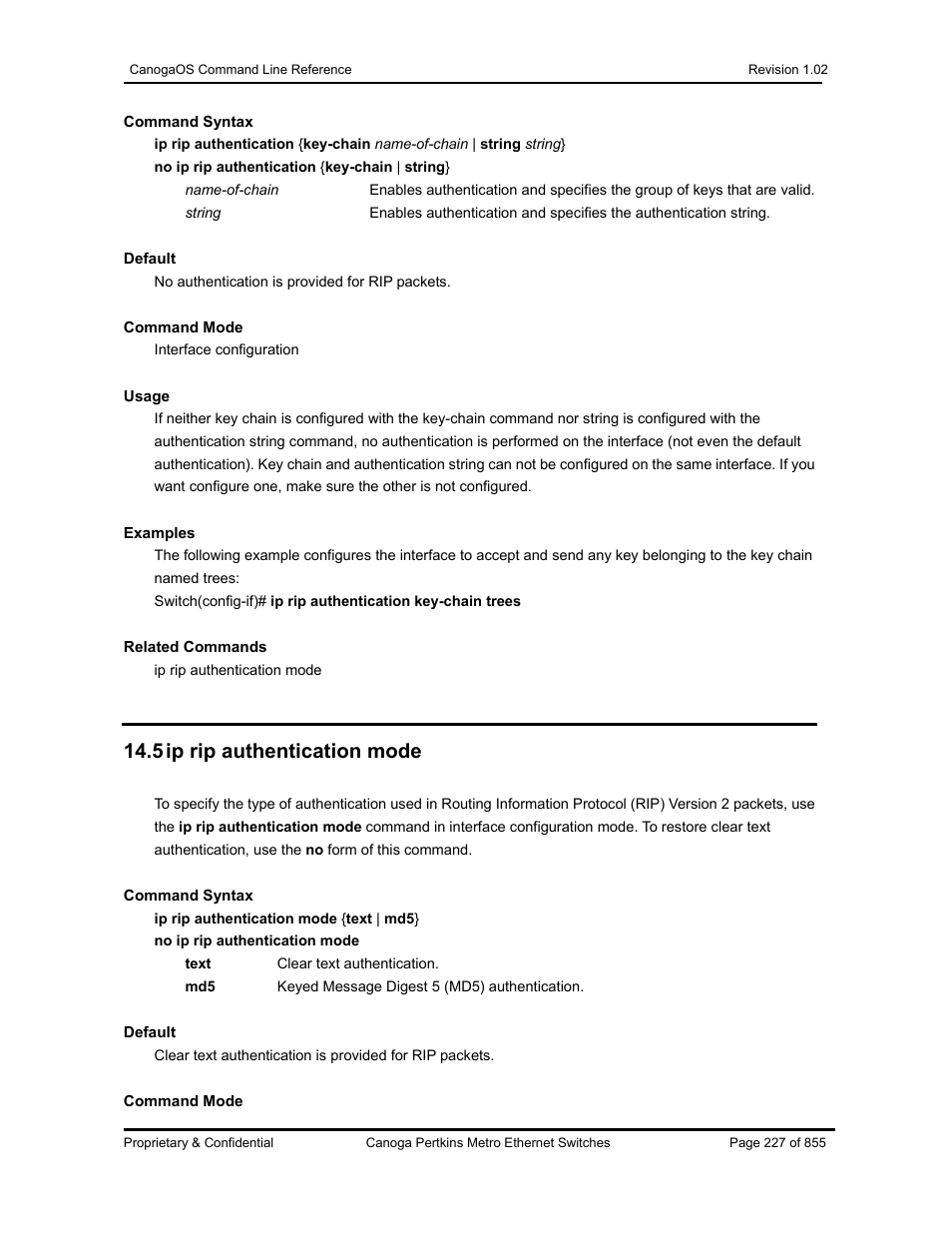 5 ip rip authentication mode | CANOGA PERKINS CanogaOS Command Reference User Manual | Page 227 / 855