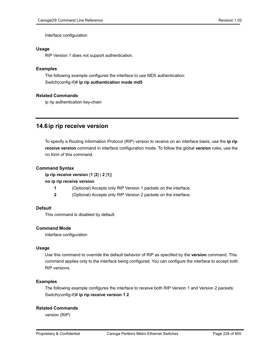 6 ip rip receive version | CANOGA PERKINS CanogaOS Command Reference User Manual | Page 228 / 855