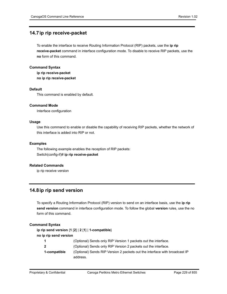 7 ip rip receive-packet, 8 ip rip send version | CANOGA PERKINS CanogaOS Command Reference User Manual | Page 229 / 855