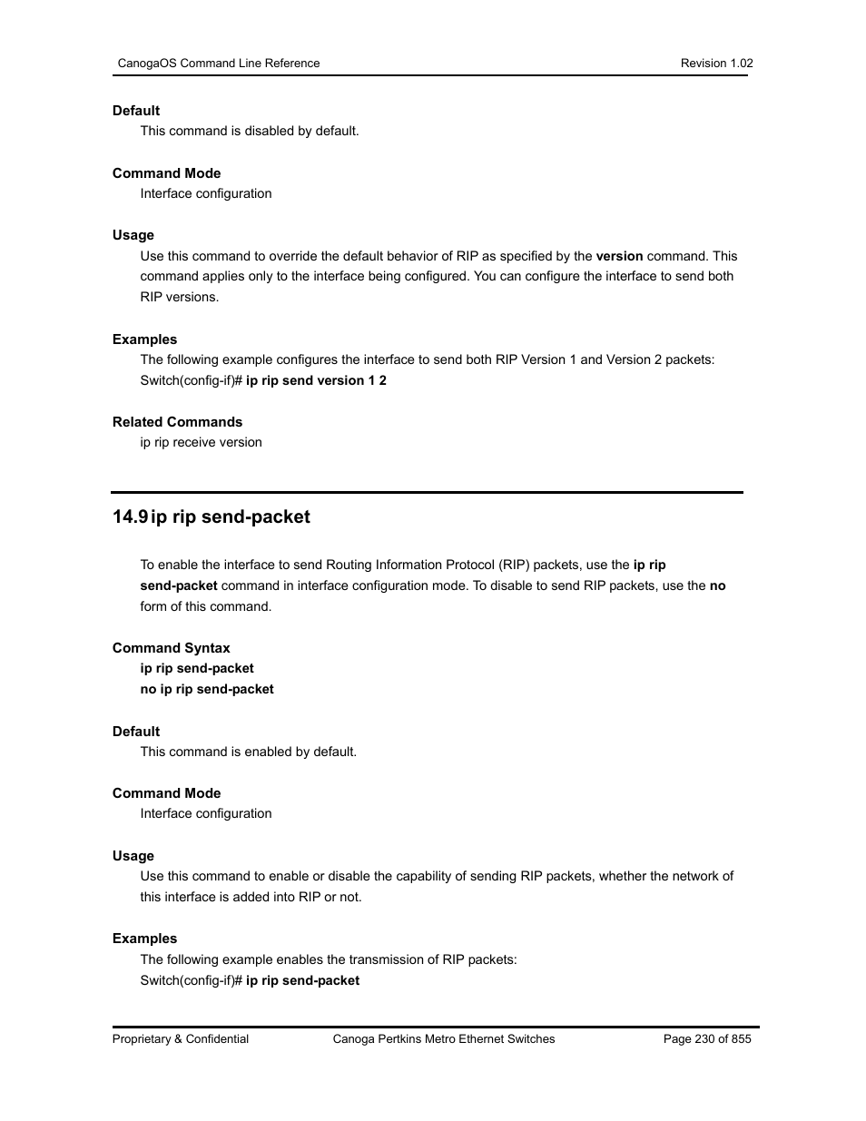 9 ip rip send-packet | CANOGA PERKINS CanogaOS Command Reference User Manual | Page 230 / 855