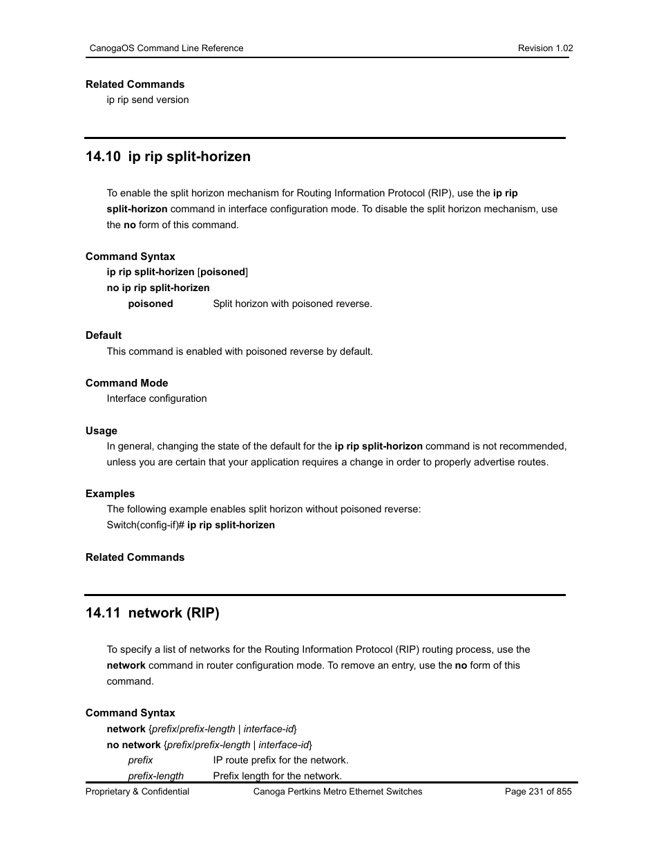 10 ip rip split-horizen, 11 network (rip) | CANOGA PERKINS CanogaOS Command Reference User Manual | Page 231 / 855