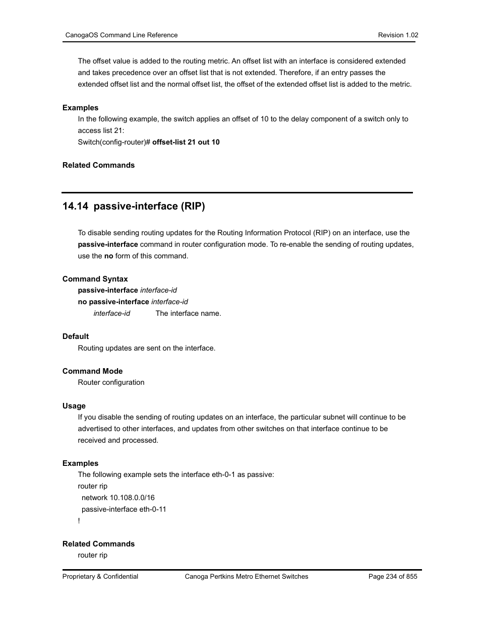 14 passive-interface (rip) | CANOGA PERKINS CanogaOS Command Reference User Manual | Page 234 / 855