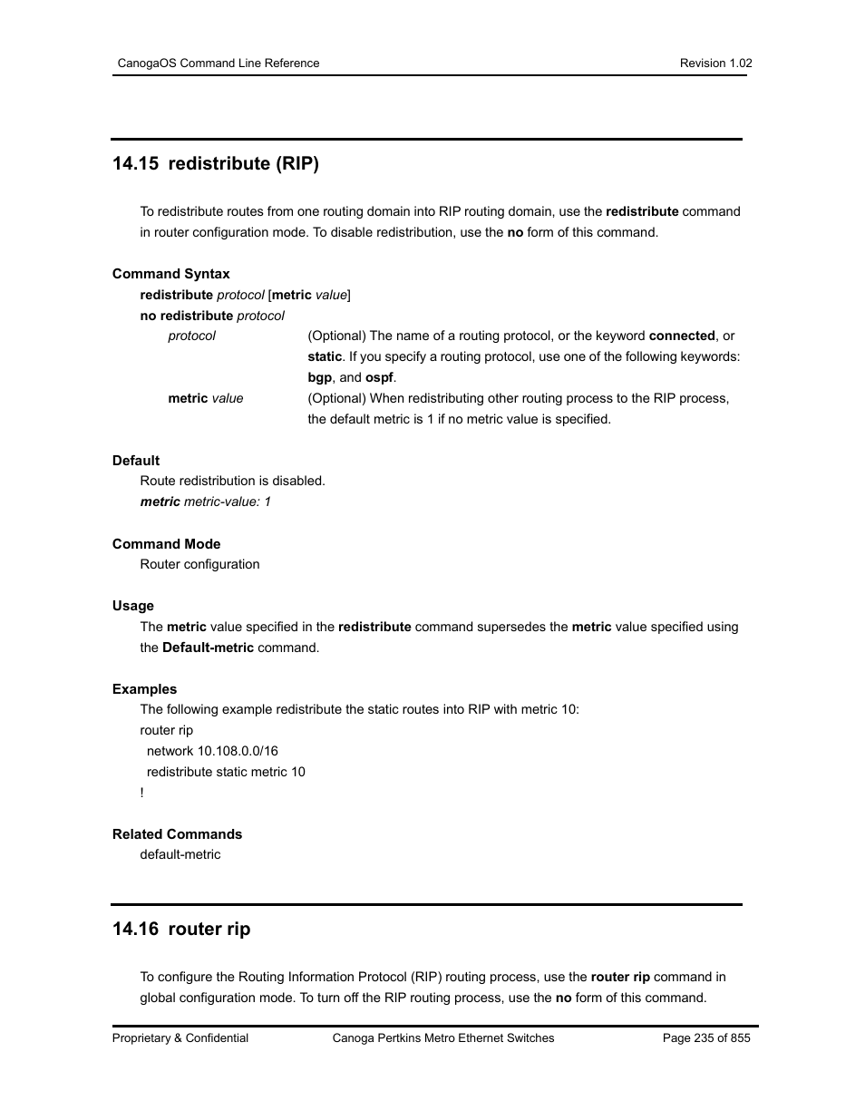 15 redistribute (rip), 16 router rip | CANOGA PERKINS CanogaOS Command Reference User Manual | Page 235 / 855