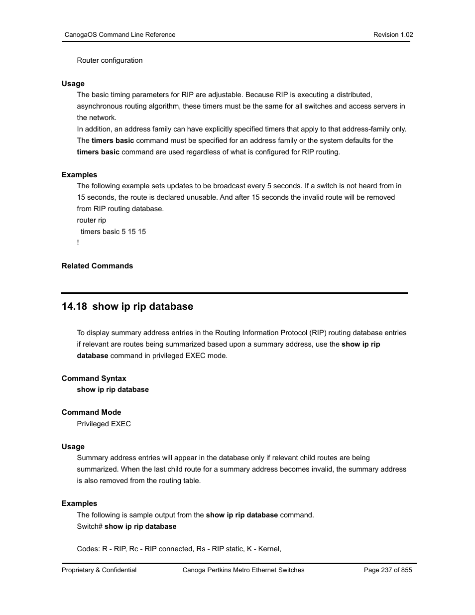 18 show ip rip database | CANOGA PERKINS CanogaOS Command Reference User Manual | Page 237 / 855