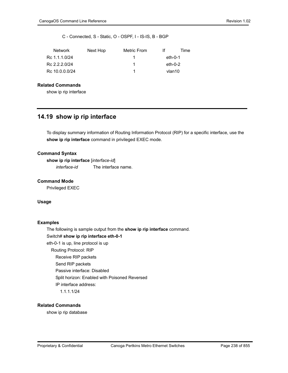 19 show ip rip interface | CANOGA PERKINS CanogaOS Command Reference User Manual | Page 238 / 855