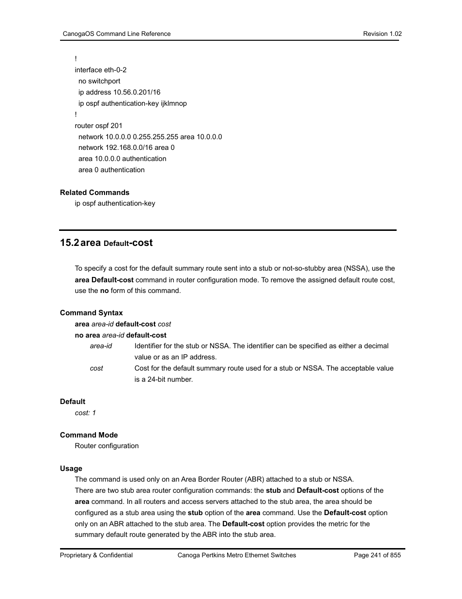 2 area, Cost | CANOGA PERKINS CanogaOS Command Reference User Manual | Page 241 / 855