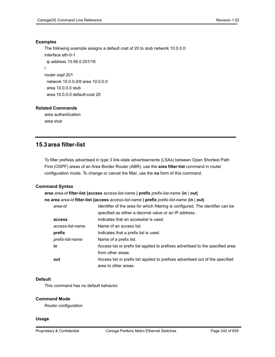 3 area filter-list | CANOGA PERKINS CanogaOS Command Reference User Manual | Page 242 / 855