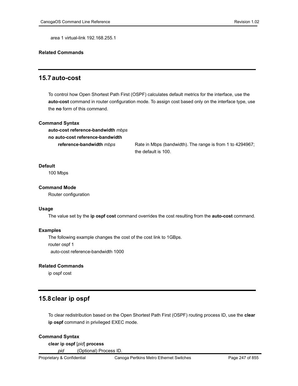 7 auto-cost, 8 clear ip ospf | CANOGA PERKINS CanogaOS Command Reference User Manual | Page 247 / 855