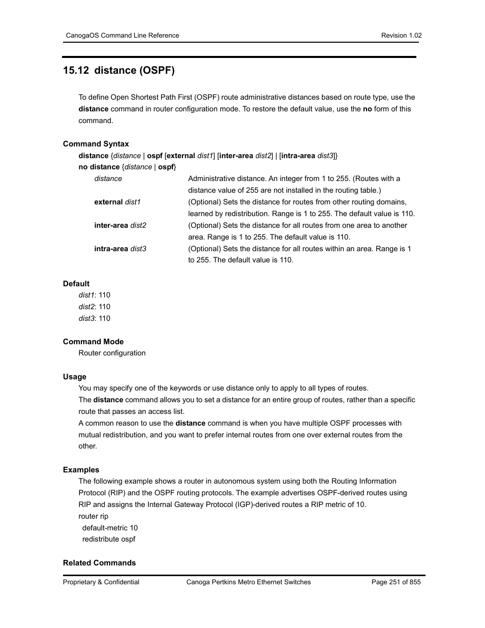 12 distance (ospf) | CANOGA PERKINS CanogaOS Command Reference User Manual | Page 251 / 855