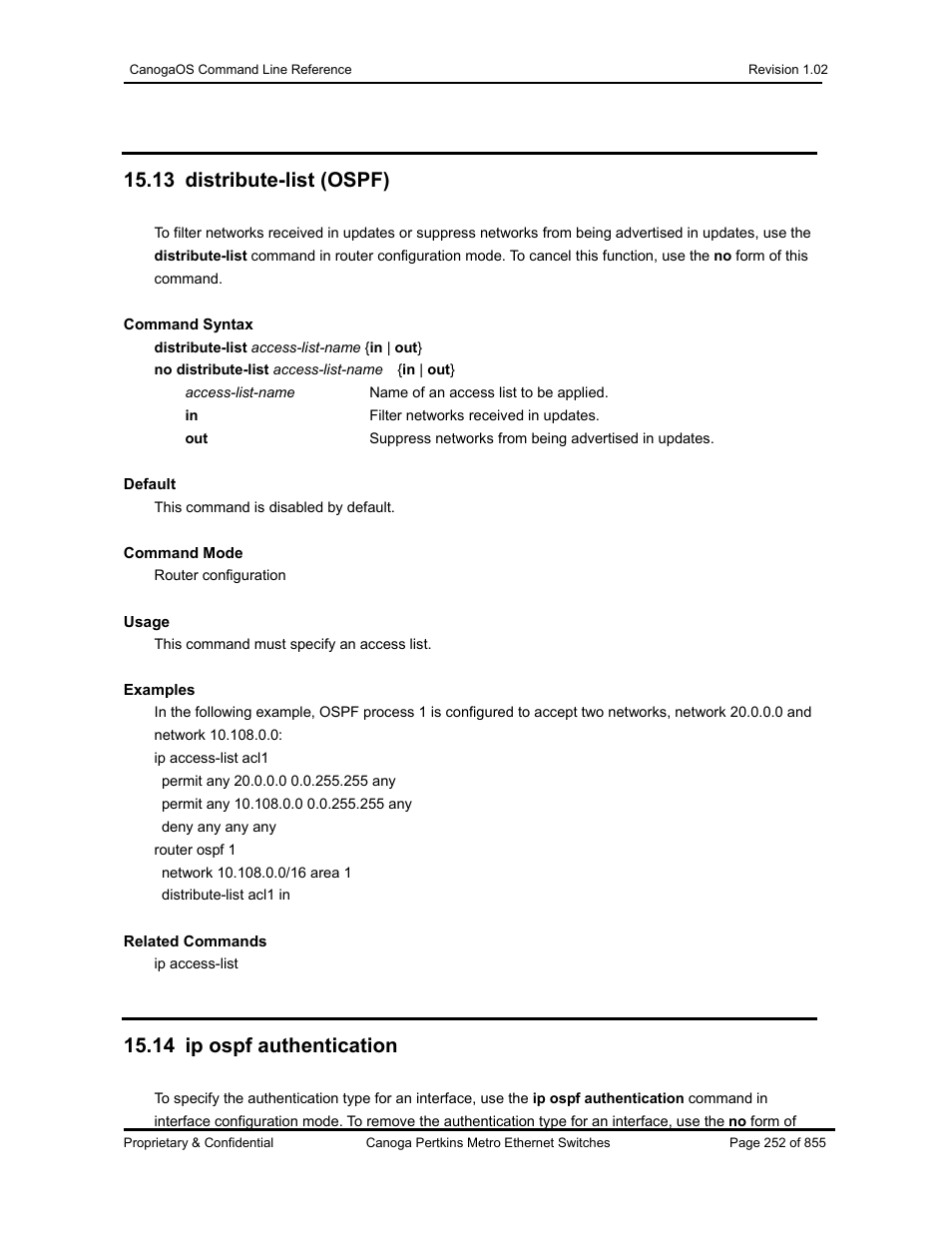 13 distribute-list (ospf), 14 ip ospf authentication | CANOGA PERKINS CanogaOS Command Reference User Manual | Page 252 / 855