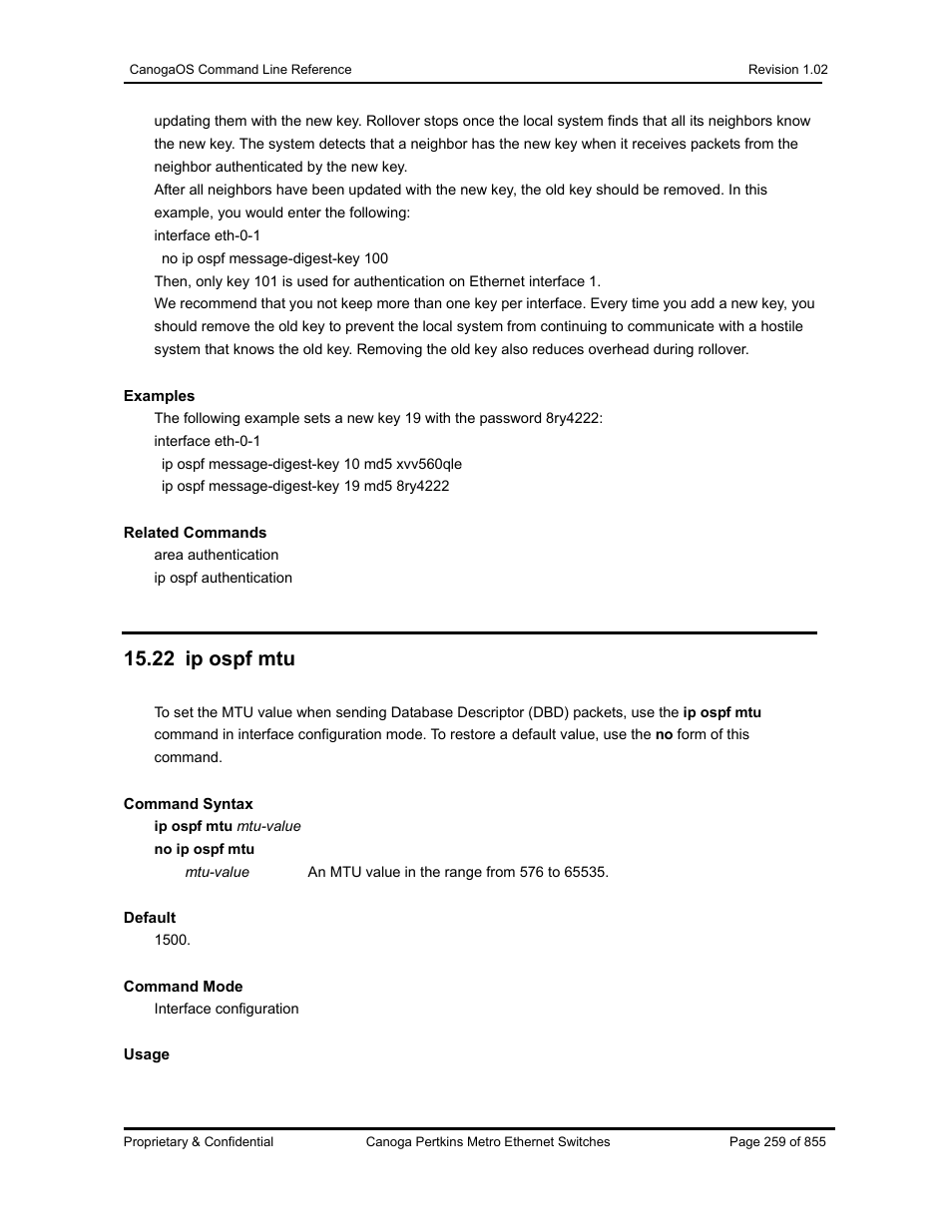 22 ip ospf mtu | CANOGA PERKINS CanogaOS Command Reference User Manual | Page 259 / 855