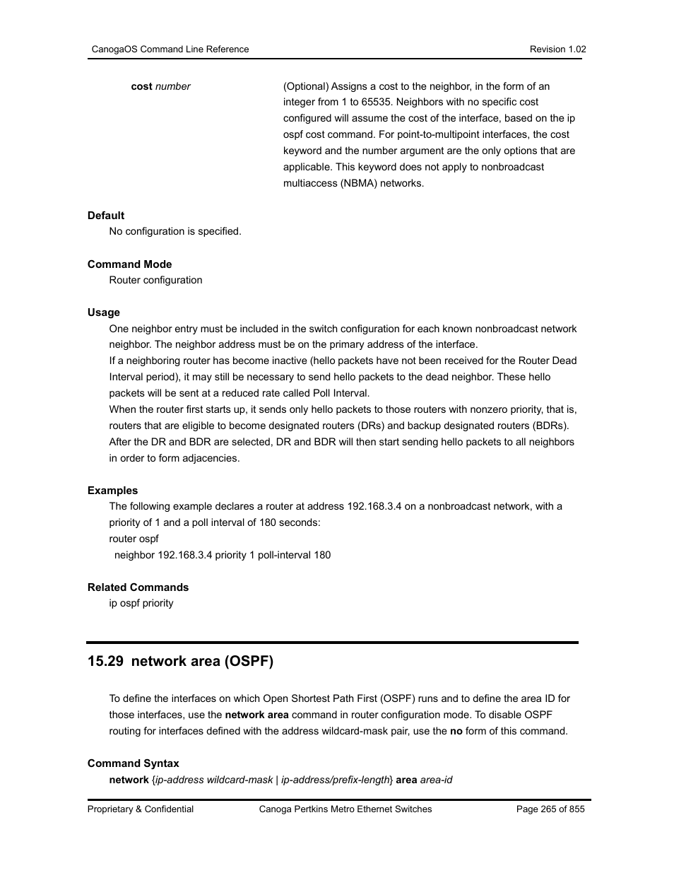 29 network area (ospf) | CANOGA PERKINS CanogaOS Command Reference User Manual | Page 265 / 855