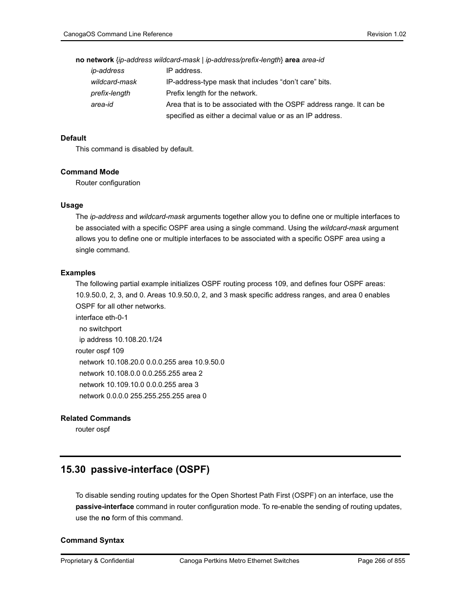 30 passive-interface (ospf) | CANOGA PERKINS CanogaOS Command Reference User Manual | Page 266 / 855