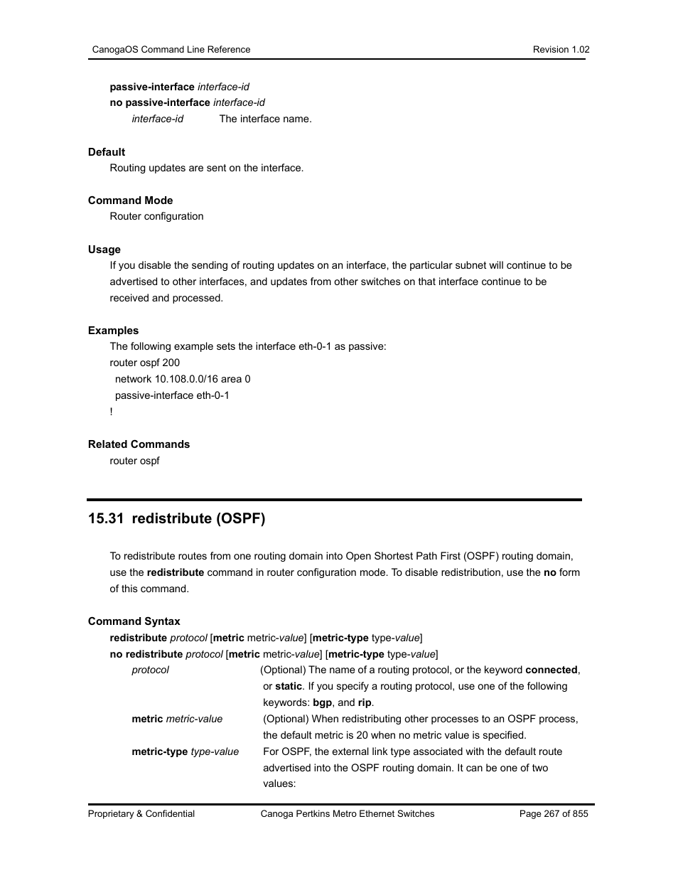 31 redistribute (ospf) | CANOGA PERKINS CanogaOS Command Reference User Manual | Page 267 / 855