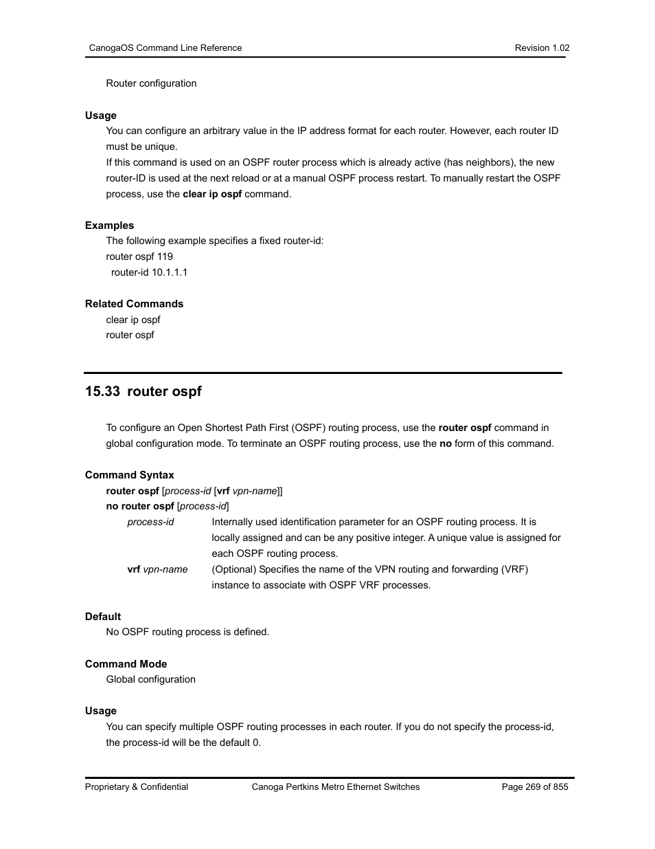 33 router ospf | CANOGA PERKINS CanogaOS Command Reference User Manual | Page 269 / 855