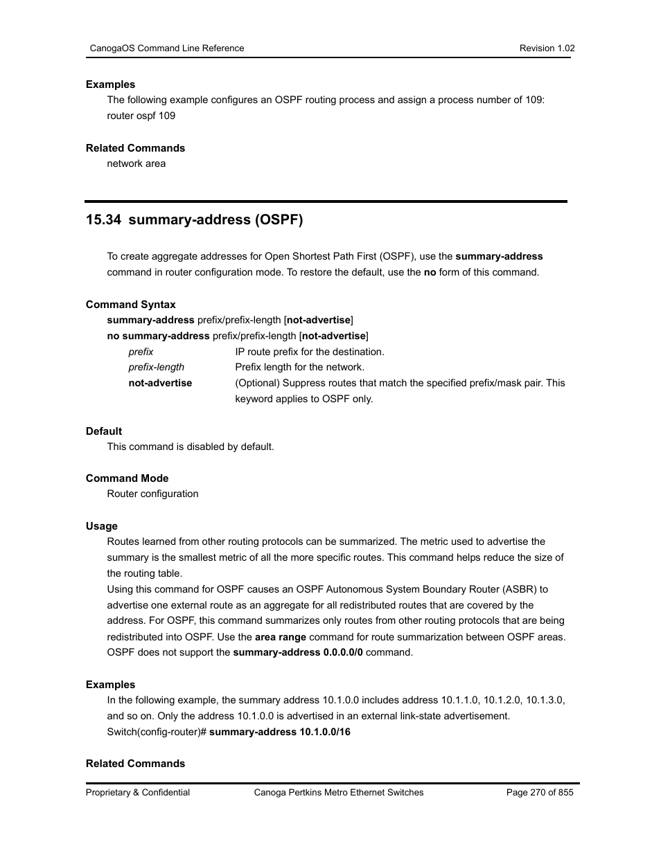 34 summary-address (ospf) | CANOGA PERKINS CanogaOS Command Reference User Manual | Page 270 / 855