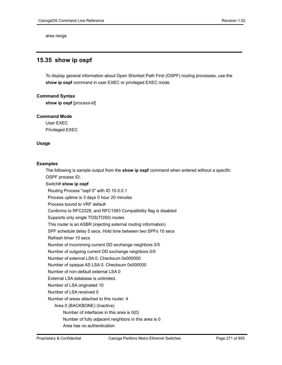 35 show ip ospf | CANOGA PERKINS CanogaOS Command Reference User Manual | Page 271 / 855