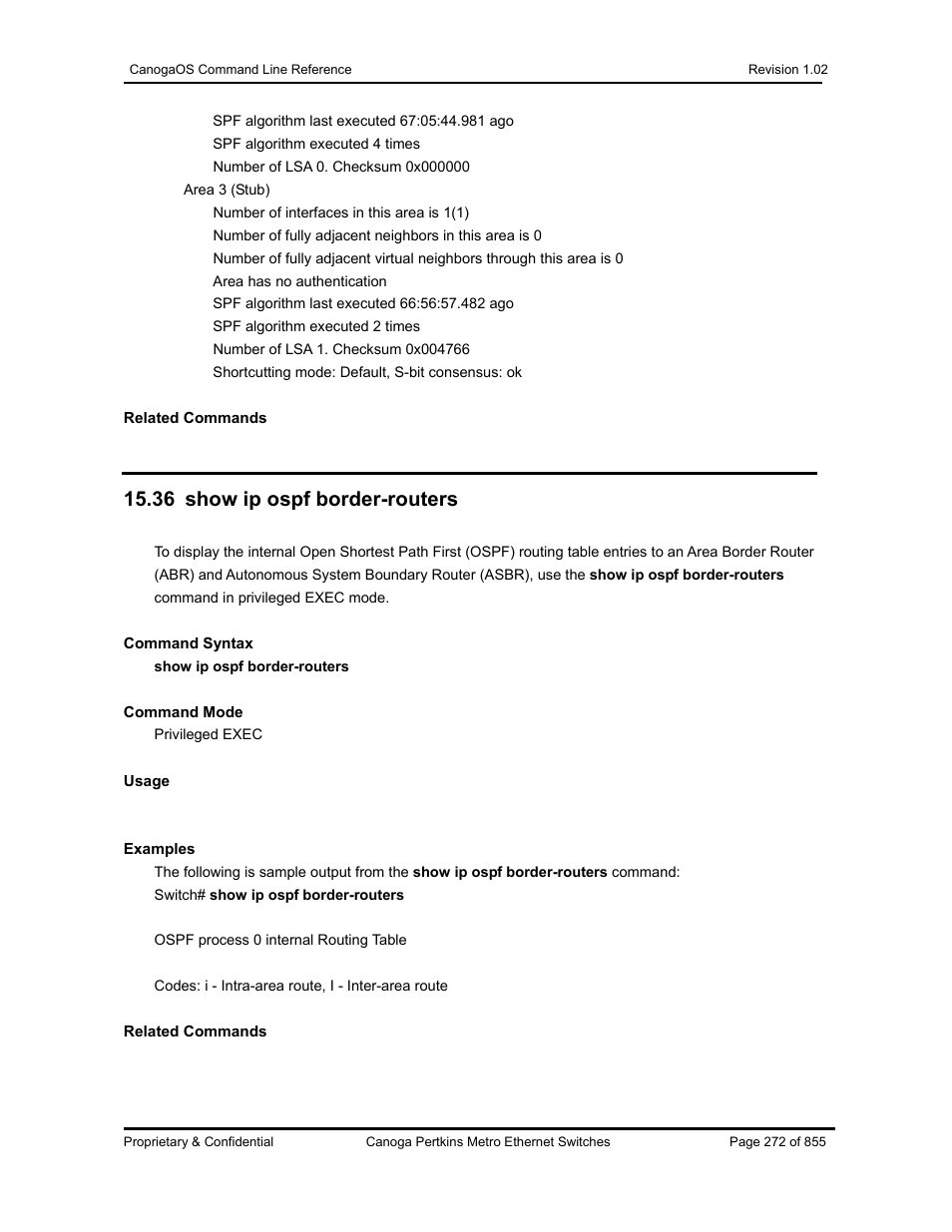 36 show ip ospf border-routers | CANOGA PERKINS CanogaOS Command Reference User Manual | Page 272 / 855