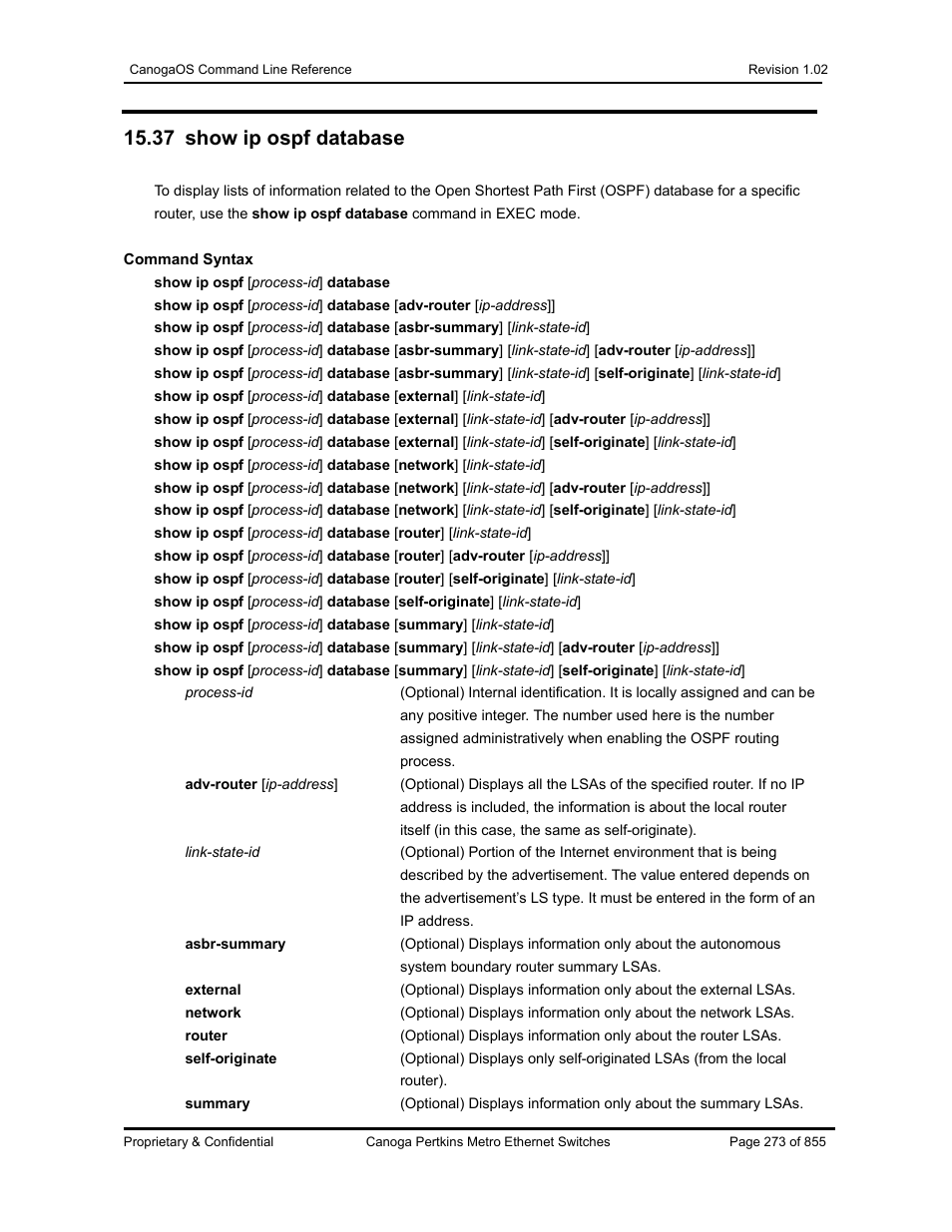 37 show ip ospf database | CANOGA PERKINS CanogaOS Command Reference User Manual | Page 273 / 855