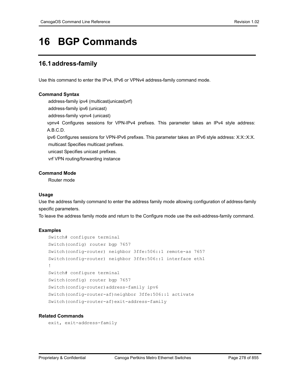16 bgp commands, 1 address-family | CANOGA PERKINS CanogaOS Command Reference User Manual | Page 278 / 855
