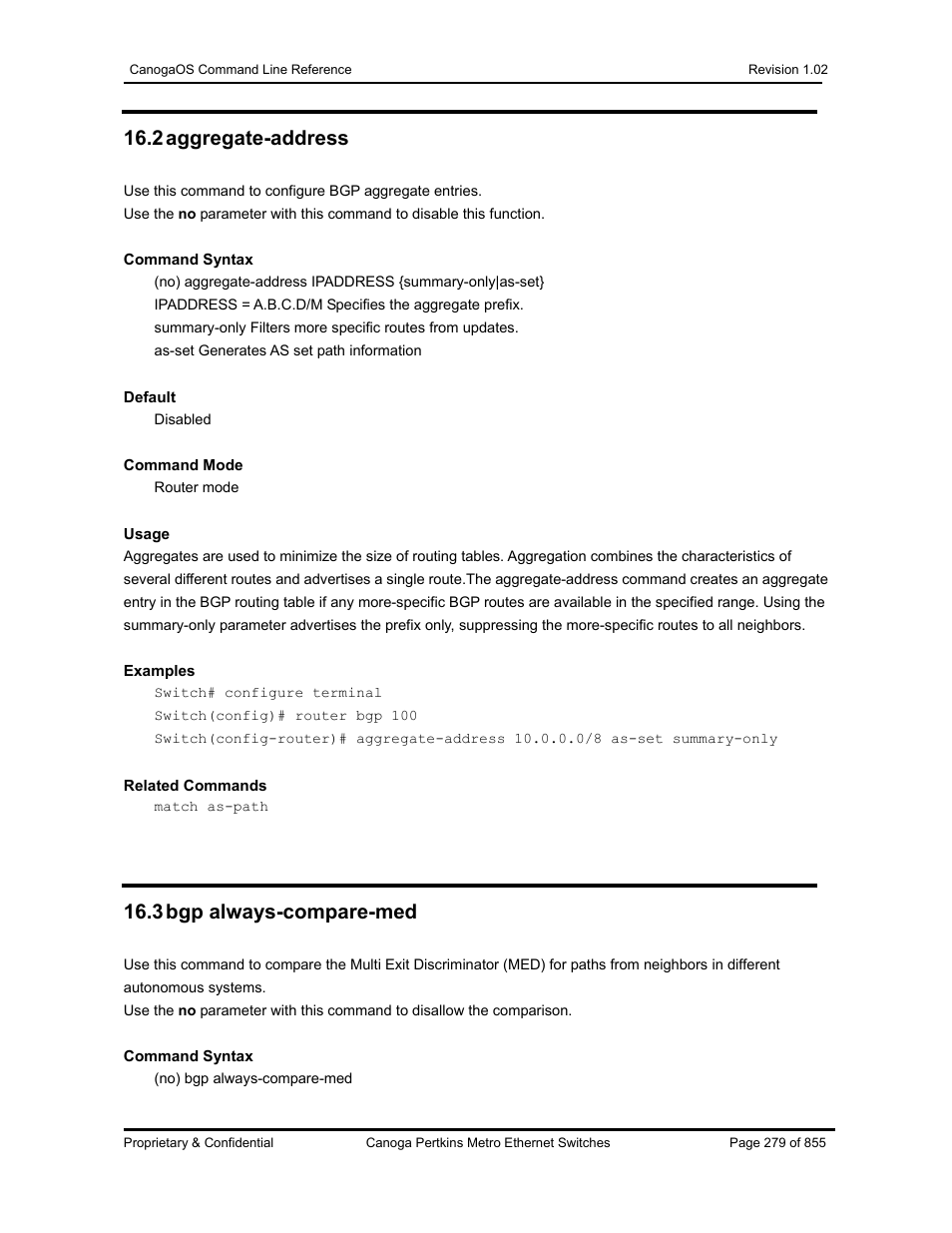 2 aggregate-address, 3 bgp always-compare-med | CANOGA PERKINS CanogaOS Command Reference User Manual | Page 279 / 855