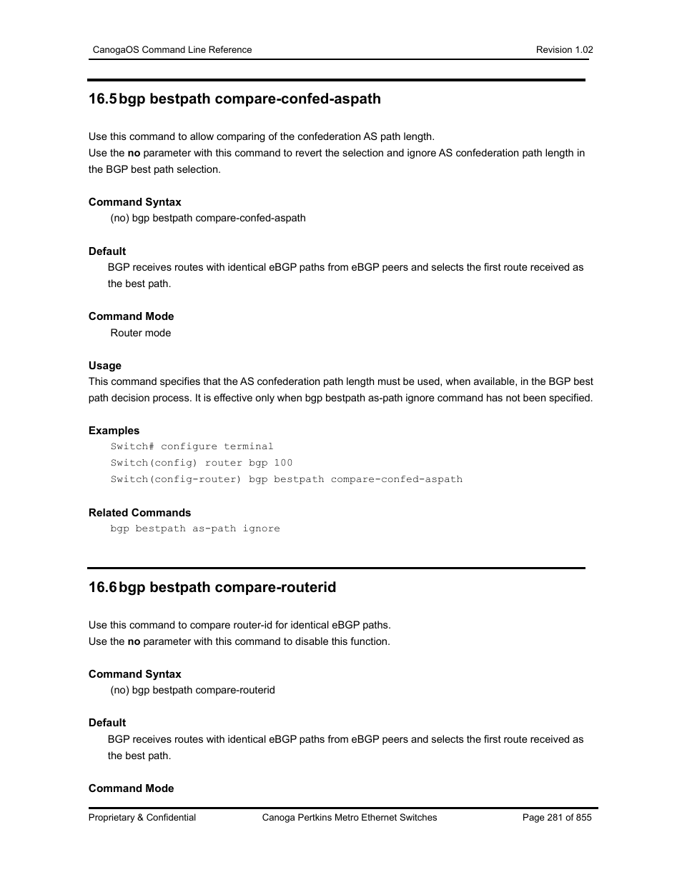 5 bgp bestpath compare-confed-aspath, 6 bgp bestpath compare-routerid | CANOGA PERKINS CanogaOS Command Reference User Manual | Page 281 / 855