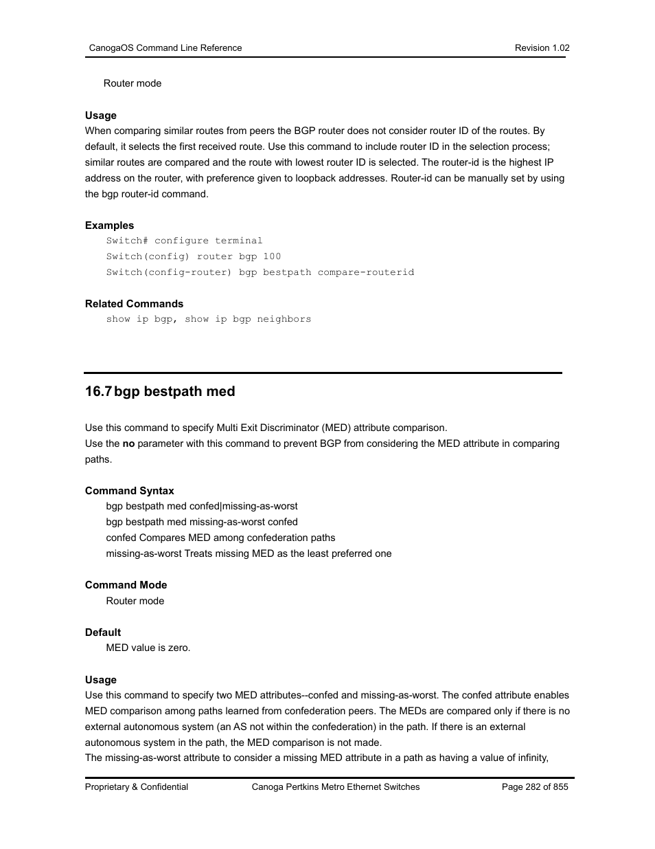 7 bgp bestpath med | CANOGA PERKINS CanogaOS Command Reference User Manual | Page 282 / 855