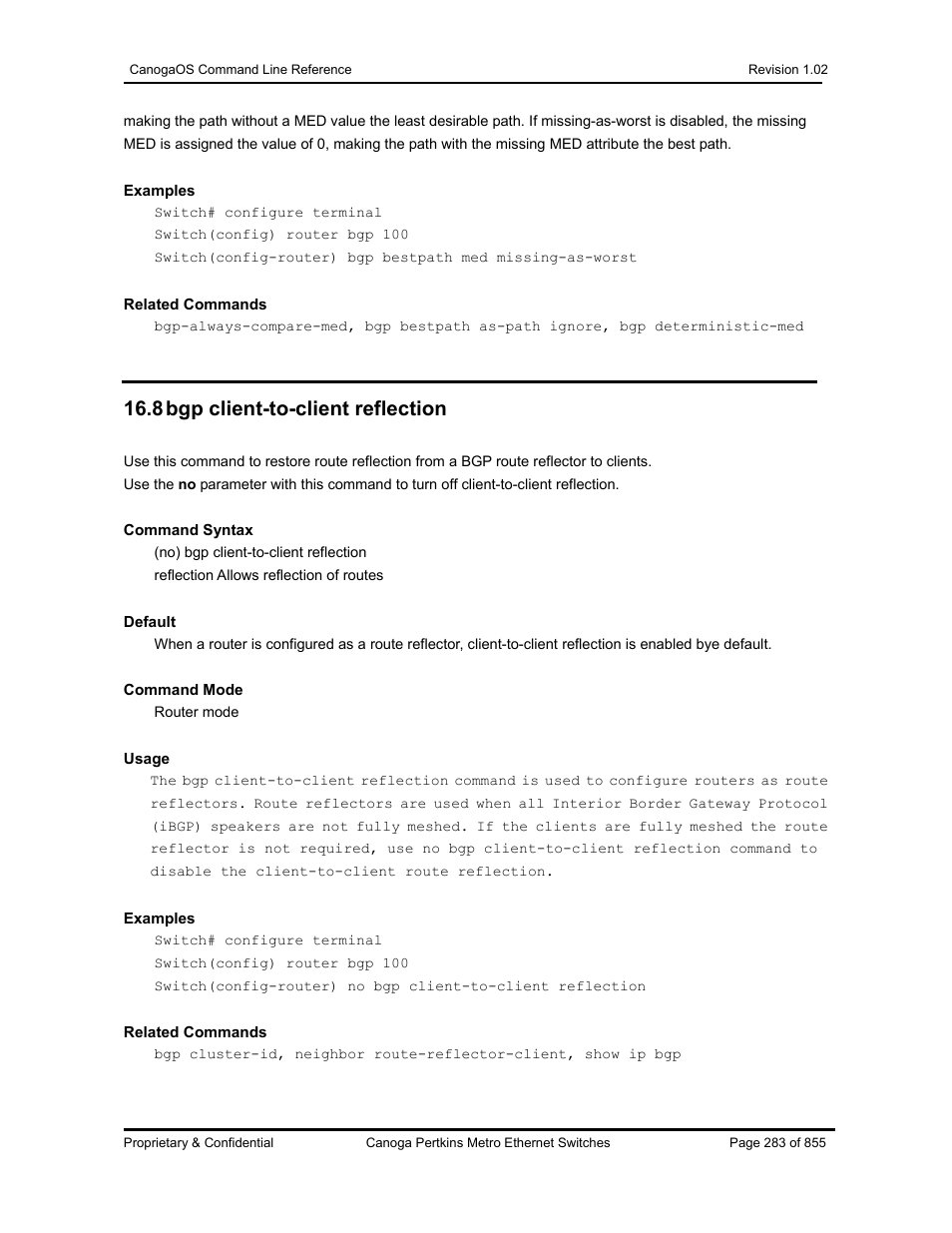 8 bgp client-to-client reflection | CANOGA PERKINS CanogaOS Command Reference User Manual | Page 283 / 855