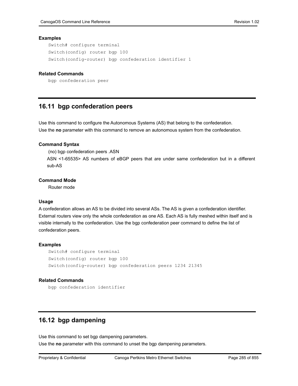 11 bgp confederation peers, 12 bgp dampening | CANOGA PERKINS CanogaOS Command Reference User Manual | Page 285 / 855