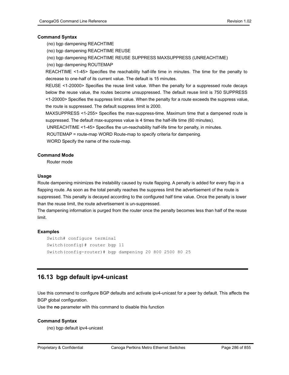 13 bgp default ipv4-unicast | CANOGA PERKINS CanogaOS Command Reference User Manual | Page 286 / 855