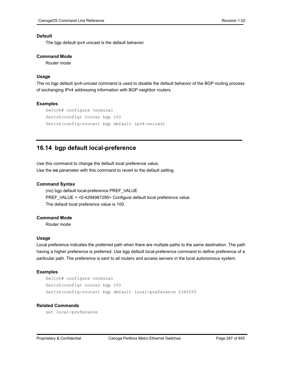 14 bgp default local-preference | CANOGA PERKINS CanogaOS Command Reference User Manual | Page 287 / 855