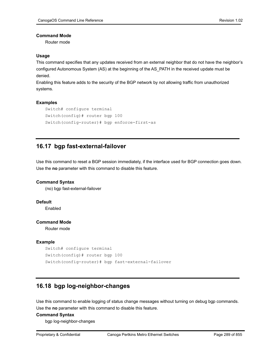 17 bgp fast-external-failover, 18 bgp log-neighbor-changes | CANOGA PERKINS CanogaOS Command Reference User Manual | Page 289 / 855