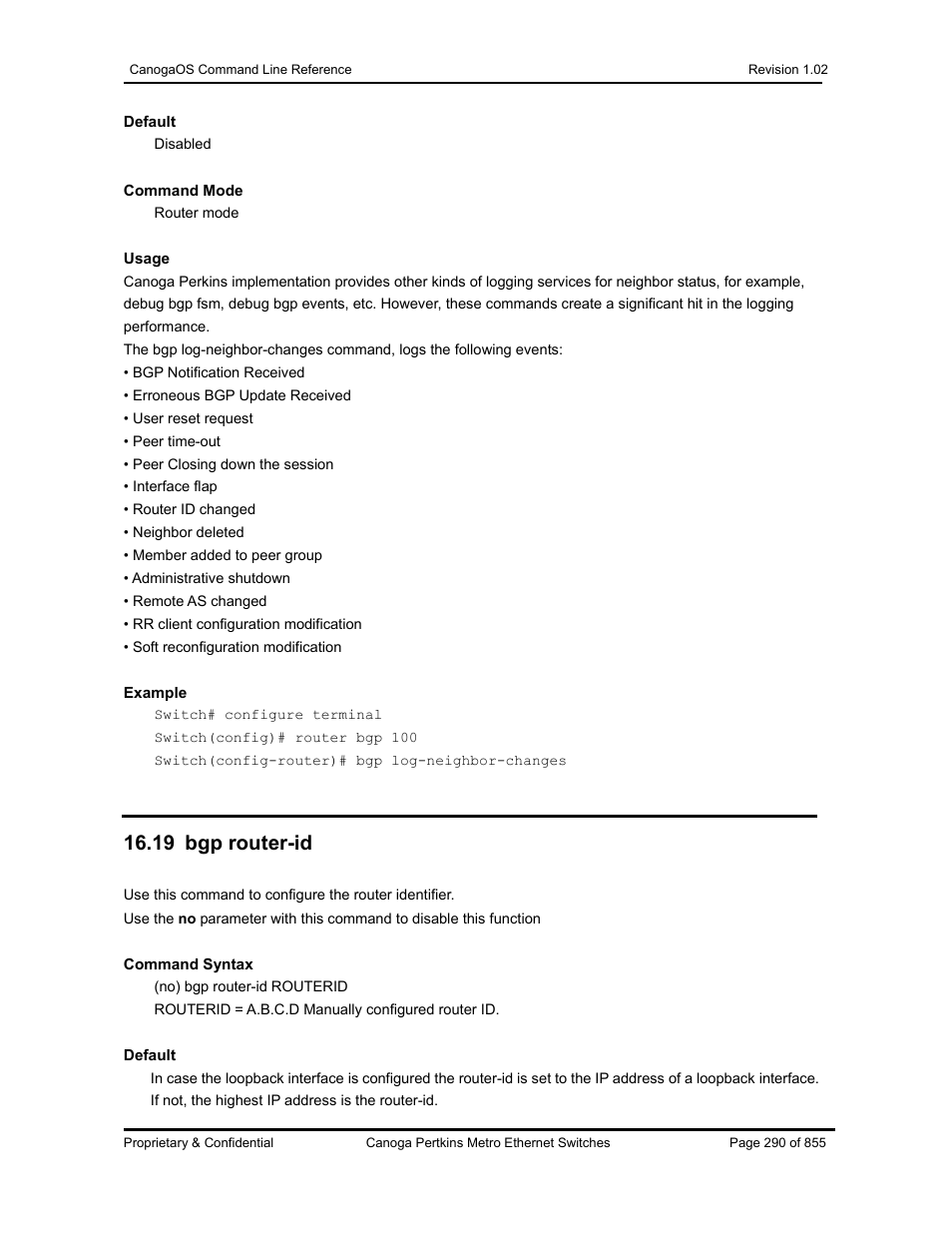 19 bgp router-id | CANOGA PERKINS CanogaOS Command Reference User Manual | Page 290 / 855